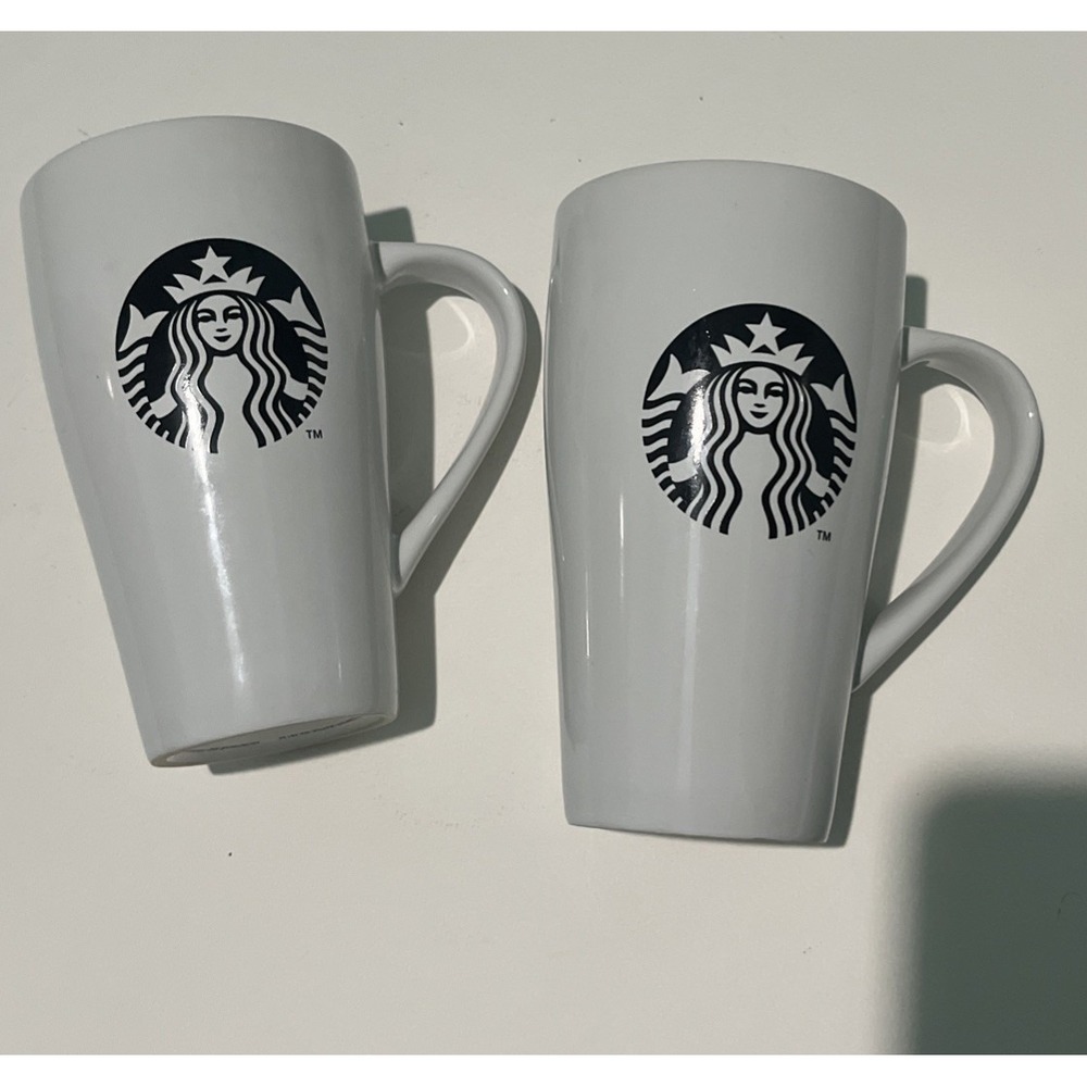 Two Starbucks 18 Ounce Coffee Mugs, White with Black Siren Logo